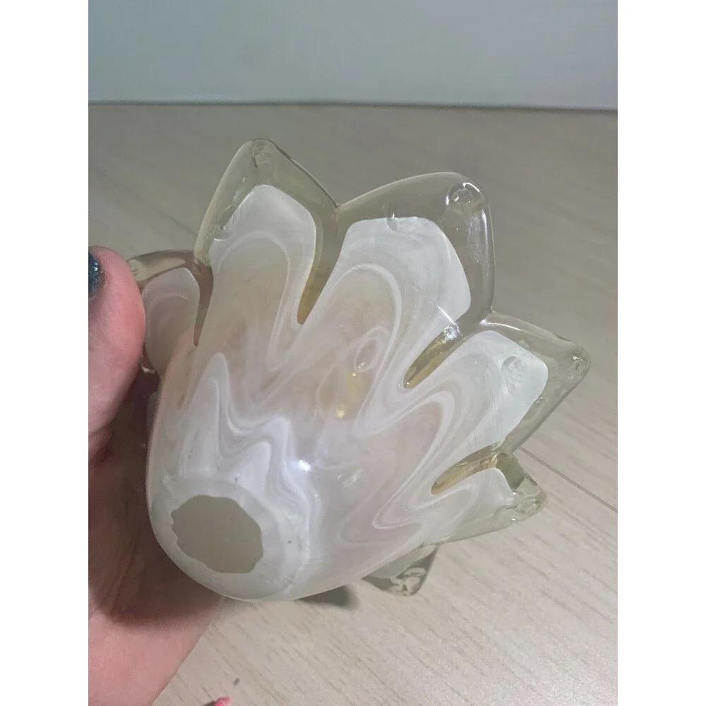 Murano Art Glass Star Flower Votive Dish white and Iridescent Orange has Sticker